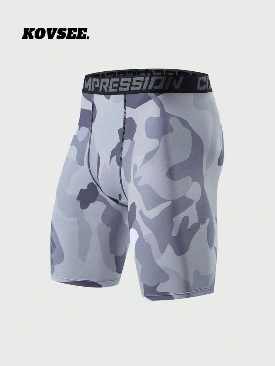 KOVSEE Boyfriend Style Men's Camouflage Printed Letter Ribbon Basketball Breathable Quick-Drying High Elasticity Sports Leggings Summer - Black and White - View 1