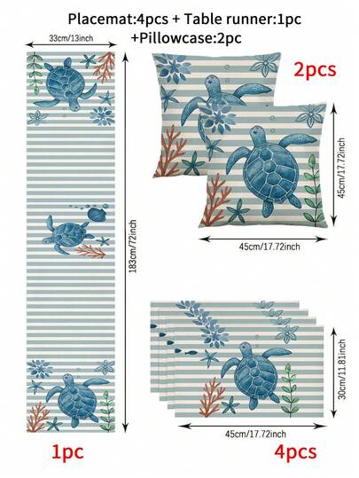 1/4/5/6/7pcs Spring & Summer Home Decor Set, Ocean Elements Design Living Room Decor Set, Bedroom Decor Set, Dining Room Decor Set, Faux Linen Material, Multiple Sizes Available, Dining Room Decor, Dining Table Decor, Dining Table Setting, Tablecloth, Fireplace Mantel Scarf, Placemats, Coasters, Home Decor