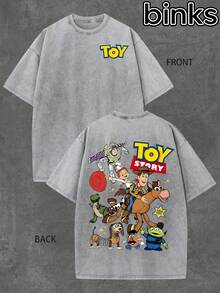 Disney Toy Story Printed Short Sleeved T-Shirt, Washed With Antique Style, Breathable, Loose, And Casual, Suitable For Daily Home Use, Spring And Summer Men's Short Sleeved Tops. - 灰色 - 查看 2