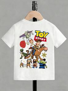 Disney Sining Boy: (Double Sided Print) Toy Story Woody, Buzz Lightyear, Trish, Hearts Horse, , Springbok, Mr. Potato, Three Eyed Boy And Other Cartoon Printed T-Shirts, Suitable For Spring And Summer Seasons, Making It Irresistible For Babies. Instantly Become The Focus, Cute Little Baby, Holiday Gift. - 白色 - 查看 3