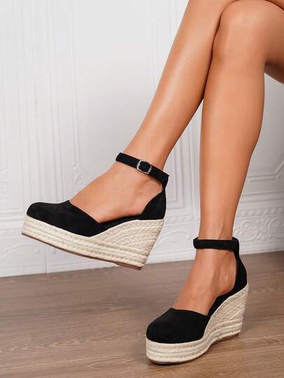 Women's Espadrilles Faux Leather Wedge Sandals, Summer Vacation Strap Slip-On Square Toe 3.54in Heel Ankle Strap Woven Straw Sole Hollow Out Shoes, Size 34-43 Plus Size & Regular