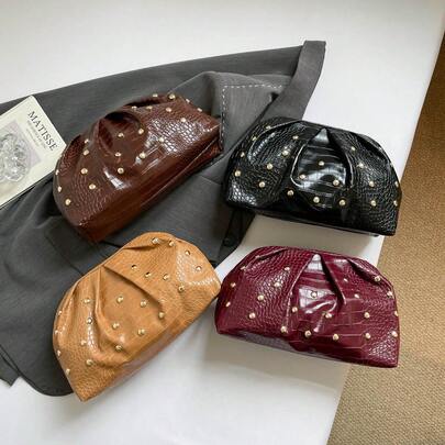 1pc Vintage Rivet Decor Pleated Clutch Bag, Minimalist & Fashionable Design For Women, Suitable For Daily, Party And Other Occasions