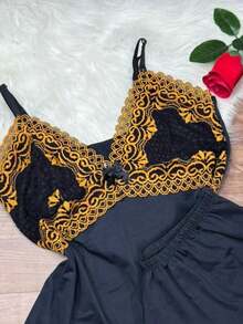 Short Doll Women's Pajama Set/ Two-Tone Lace - Gold - View 2