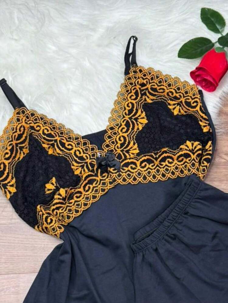 Short Doll Women's Pajama Set/ Two-Tone Lace - 金色 - 查看 2