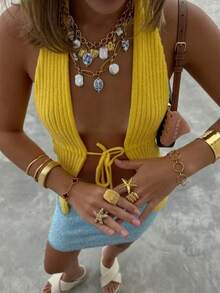 EAVA Women's Summer Vacation Beach Party Fitted Halter Neck Sleeveless Sexy Solid Color Knit Top, Women's Holiday, Summer Vacation Wear - Yellow - View 2