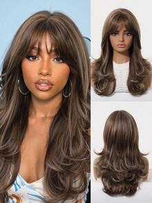 20 Inch Machine Made Ash Brown Balayage Wavy Wig With Fringe, Voluminous Body Wave Adjustable Strap For Party Ready - Brown - View 7