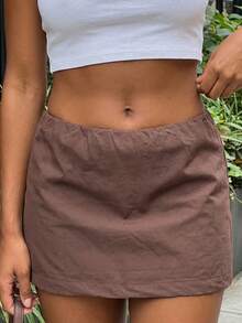 Women's Summer Mini Skirts Low Waist Solid Color Bodycon Skirt for Daily, Travel, Parties - marrón café - Ver 3