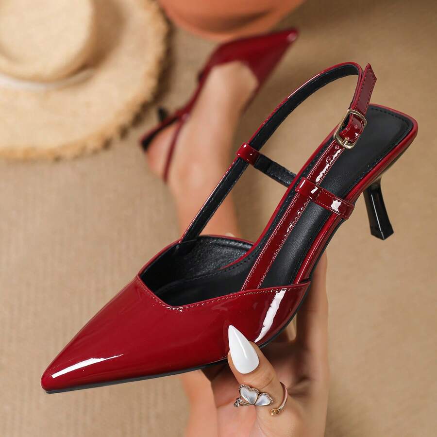 尖头高跟穆勒鞋，时尚新设计，百搭优雅的女士凉鞋 - 酒紅色 - 查看 1