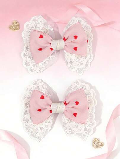 2PCS Lace Pink Hair Bows For Girls Heart Print Hair Clips Silk Belt Alligator Clips Cute Sweet Style Hair Barrettes For Spring Outfits And Casual Daily Wear Cute Headdress Teens Hair Accerssories
