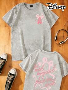 Disney Official Authorization | Women's 100% Washed Cotton Short-Sleeve T-Shirt With Double-Sided Prints Inspired By The Magical World Of Disney. The Design Features A Large Pink Bow As The Centerpiece, Paired With The English Slogan "The Most Magical Place On Earth", And Incorporates Mickey Mouse Head, Star, And Heart Elements, Creating An Overall Sweet And Dreamy Style. The Fabric Is Non-Transparent, Machine Washable, Versatile And Practical, Suitable For Daily Outings And Matching Outfits With Girlfriends. - Grey - View 1