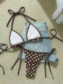 Novo Conjunto de Maiô Bikini com Estampa de Bolinhas, Decote Halter e Cordão, Maiô Sexy e na Moda para Praia, Festa na Piscina, Férias de Primavera/Verão - Castanho - Visão 3