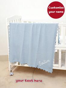 Handmade Embroidered Personalized Name Kids Knitted Blanket, Soft Wavy Edge Baby Throw Blanket, Suitable For All Seasons - Light Blue - View 2