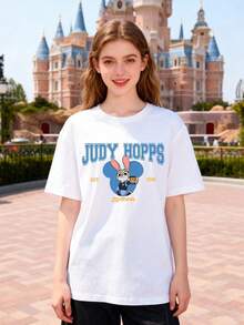 On The Front Of The Disney Women's T-Shirt, The Words Judy Hopps Cartoon, A Zootopia Officer, Are Printed With A Reversible Design. Made Of Soft, Comfortable And Durable 100% Cotton Fabric. This Spring And Summer Women's T-Shirt Is Very Suitable For Daily Wear, Shopping, Parties, Travel And Gatherings, And It Is Also An Excellent Gift. - White - View 2