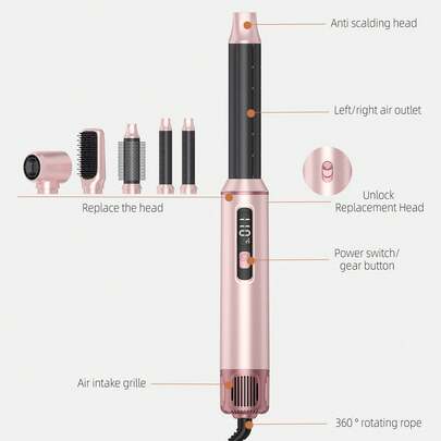 UKLISS 5-In-1 Hot Air Styler For Women, Ionic Hair Dryer Brush With LCD Display, 3 Settings, Curling & Attachments, Frizz Control Blowout Brush