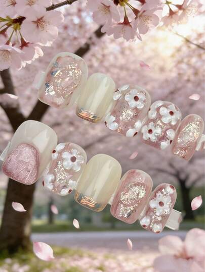 10pcs Handmade Nail Stickers, Pink Floral Design With Holographic Glitter And Tie Dye Effect, Cute & Versatile Reusable Nail Decals Suitable For Women, Gifts, Holidays, Vacations Or Daily Wear