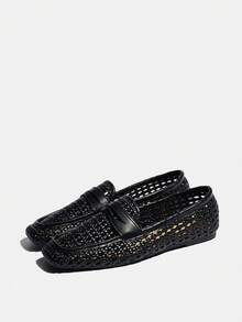 2026春夏大码女式复古编织透气平底乐福鞋，百搭时尚黑色镂空方头套脚通勤鞋 - 黑色 - 查看 20