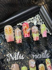 10pcs Handmade Fully Covered Square Nails Press On Nails, Green Nails, 3D Butterfly& Flower& Pearl& Gradient Decor, Detachable And Reusabl, Y2K Sweet Cute Style False Nails, Suitable For Party, Daily Wear, Cosplay, With Jelly Glue And Nail File - Green - View 4