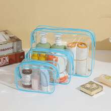 3pcs TSA Approved Transparent Travel Toiletry Bag, Waterproof Cosmetic Bag For Carry-On Luggage, Women Toiletries Bag Wash Bag Shower Bag Waterproof Bag Large Capacity For Women Packing Cubes Travel Essentials For Women Cruise Essentials Vacation Essentials Travel Stuff - Blue - View 3