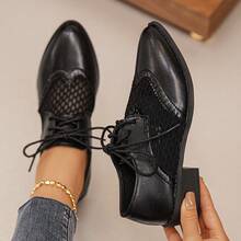 Women's Summer New Thick Heel Mesh Patchwork Versatile Retro Hollow Lace-Up Shoes - Black - View 5