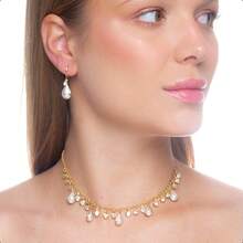 Gold Earring And Necklace With Pearl Drop And Round Zirconia - pha lê - Xem 1