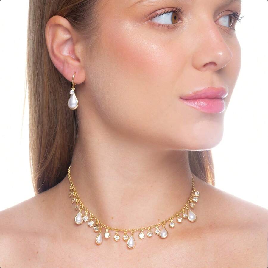 Gold Earring And Necklace With Pearl Drop And Round Zirconia - pha lê - Xem 1