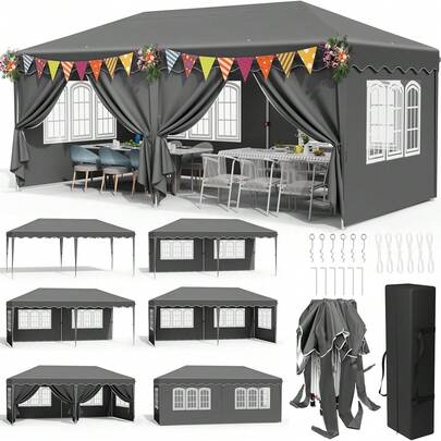 Pop Up Gazebo 3x6m,Waterproof 420D Oxford Wedding Party Garden Tent With 6 Removable Sidewalls,Adjustable Height (250-270cm), UV 50+ Protection