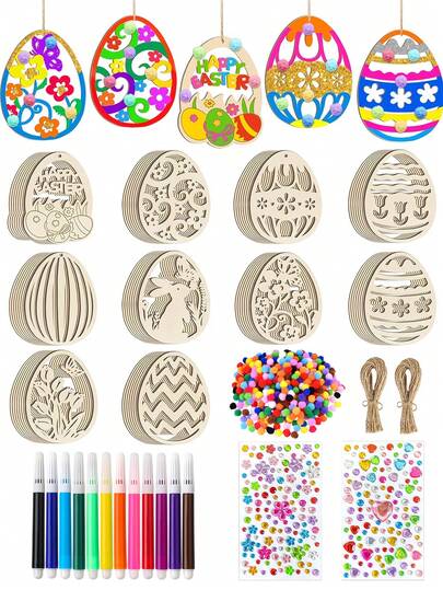 20pcs Wooden Colorful Rabbit Shaped Easter Eggs, Includes 20pcs Jute Ropes, 20pcs Wooden Slices And 100pcs Plush Balls. Suitable For Art Creation, Classic Easter Decoration And Holiday Hanging Ornaments.