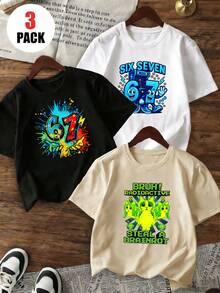 3件装男童夏季休闲宽松纯棉短袖T恤，卡通数字67涂鸦游戏猫印花街头风童装上衣套装 - 彩色 - 查看 1