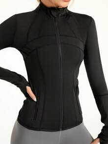 Women's Zip Front Long Sleeve Top  Slim Jacket Fitness Hoodie With Pockets For Workout Casual - 黑色 - 查看 2