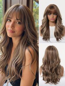 20 Inch Loose Wave Wig With Bangs, Ash Brown Blonde Highlight Synthetic Wig With Adjustable Strap Perfect Women Daily Party Use - Brown - View 6