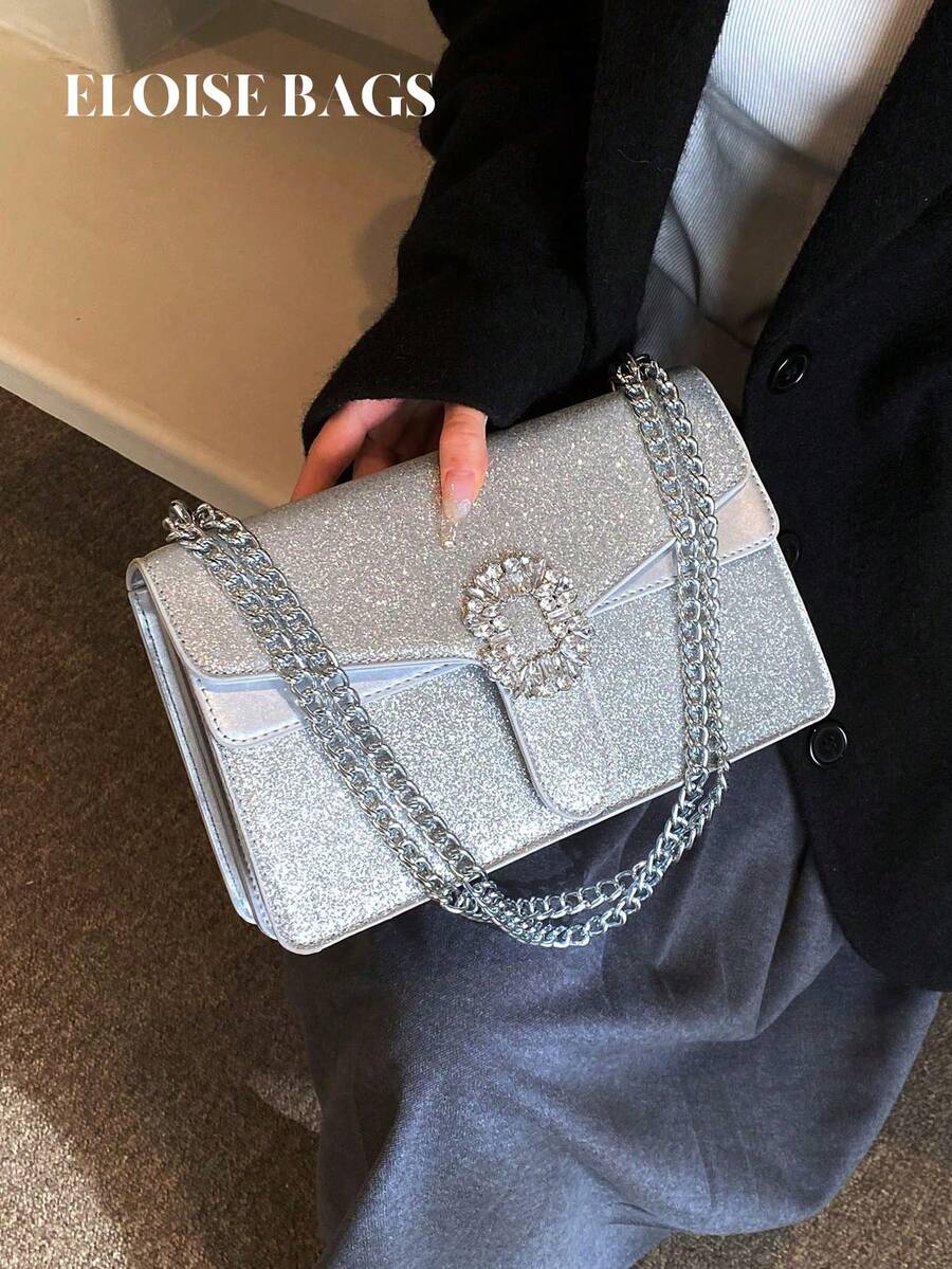 1pc Silver Fashionable Chain Shoulder Crossbody Bag, Spacious And Multilayered For Women - Silver - View 1