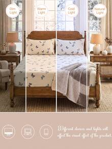 Juego de ropa de cama de 3 piezas con estampado de mariposas azules 100% algodón, estilo campestre americano, adecuado para dormitorio y habitación, regalo perfecto para ocasiones especiales, suave y amigable con la piel para todas las estaciones, incluye 1 sábana ajustable + 2 fundas de almohada, sin edredón incluido - Multicolor - Ver 6