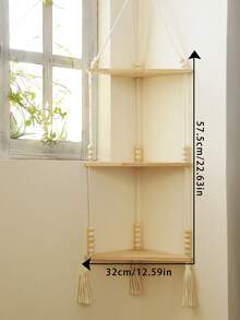 1pc Beige Bohemian Style Triangle Corner Hanging Wall Shelf, Layered Floating Display Rack, Rustic Minimalist Design With Tassel Details, Space-Saving Storage Organizer Suitable For Living Room, Bedroom, Bathroom, Kitchen, Apartment, Dorm, Plant Display, Bookshelf, Home Decor - Beige - View 14
