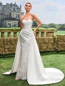 Váy cưới satin không dây vai, chân váy ren xẻ tà, váy cưới trắng, váy cưới kiểu nhà thờ, váy cưới gợi cảm - trắng - Xem 12