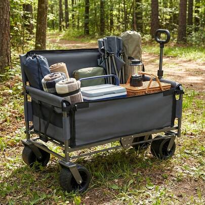 Collapsible Garden Wagon Cart, Heavy-Duty Metal Frame Waterproof Oxford Fabric Utility Wagon,  Folding All-Terrain Cart For Outdoor Camping Picnic Yard Beach, 500lbs Weight Capacity, Side Storage Pockets