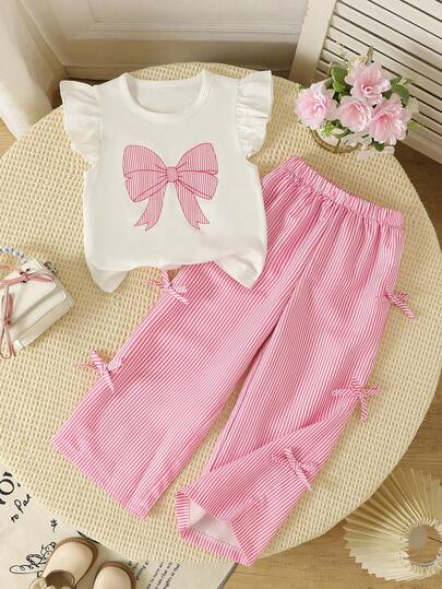 2pcs/Set Girls Toddler Spring/Summer Outfit, Bow Print Milk Silk T-Shirt + Cool Cotton Striped Print Pants, Cute & Sweet