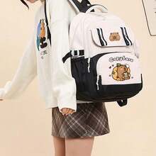 水豚可爱设计轻便帆布背包，时尚校园学生书包，符合人体工学设计的旅行背包，返校单肩包，大容量多层铅笔盒，返校必备办公用品，情人节礼物 - 彩色 - 查看 1