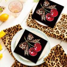 D50 Pcs Cheetah Cherry Cocktail Napkin Disposable Paper Napkin Red Black Leopard Bow Drink Beverage Napkins For Girls Women Home Party Tableware Plies Decor - Đỏ Đen - Xem 6