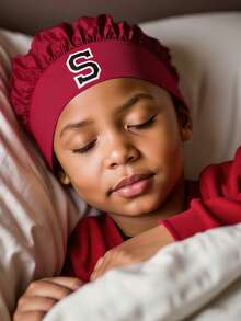 1pc A-Z 26 Letters Sleep Cap, 3-8 Years Old Kids Sleeping Hat, Girls Curly Hair Sleep Cap, Children & Teens Satin Sleep Hat - Burgundy - View 4