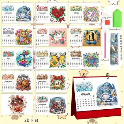 2027 Cute Holiday Pattern Diamond Painting DIY Holiday Series Calendar, New Year Calendar, Desktop Calendar, Each Page Has Different Patterns, Creative Handmade, Desk Room Living Room Decor Calendar Stand, Holiday Decor, Girlfriend Gift, Sincere Gift, Perfect Gift, New Year Gift, Christmas Gift.