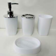 8件套豪华塑料浴室配件套装，包括皂液器、皂碟、马桶刷架、牙刷架、杯子、梳妆托盘、棉签盒，生日、乔迁、节日礼品套装、圣诞礼品套装（白色、黑色和灰色） - 彩色 - 查看 16