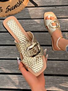 夏季新款方头金色编织金属扣单带凉鞋，欧美风方头平底凉鞋，女士款 - 金色 - 查看 2