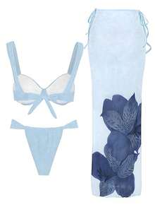 新款三件套比基尼，适合海滩度假派对，海军蓝优雅性感，带衬垫抹胸上衣+渐变印花长裙，春夏款 - 彩色 - 查看 3