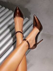 女士新款青铜色尖头细高跟鞋，镂空绑带派对宴会优雅凉鞋 - 銅色 - 查看 4