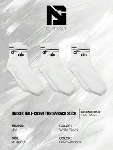 Alo Unisex Half-Crew Throwback Sock 3 Pairs–For Unisex -Vintage-Autumn & Winter & Spring & Summer-Inspired Running , Shock-Absorbing Comfort, Gym To Streetwear Casual Wear -Back To School- Easter Gift –A0480U 3PK - White/Black - View 4