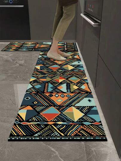 1pc Silica Gel Kitchen Mat, Black Base With Bohemian Design, Featuring Geometric Elements Like Rhombus, Triangle, Serrated, Wavy Lines In Multicolor, Forming A Layered And Exotic Pattern. Luxurious And Fashionable Kitchen Carpet, Cushioning And Anti-Fatigue, Surface Fabric Material, Middle Sponge Absorbent Material.