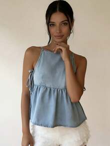 Camisetas sin mangas para mujer, de color liso, estilo babydoll de verano, con lazo lateral, de mezclilla - Azul - Ver 3