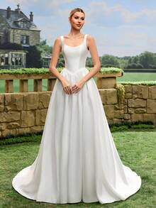 Đầm cưới dài không tay, xếp ly, màu trơn, thanh lịch, màu trắng, mùa xuân - trắng - Xem 6