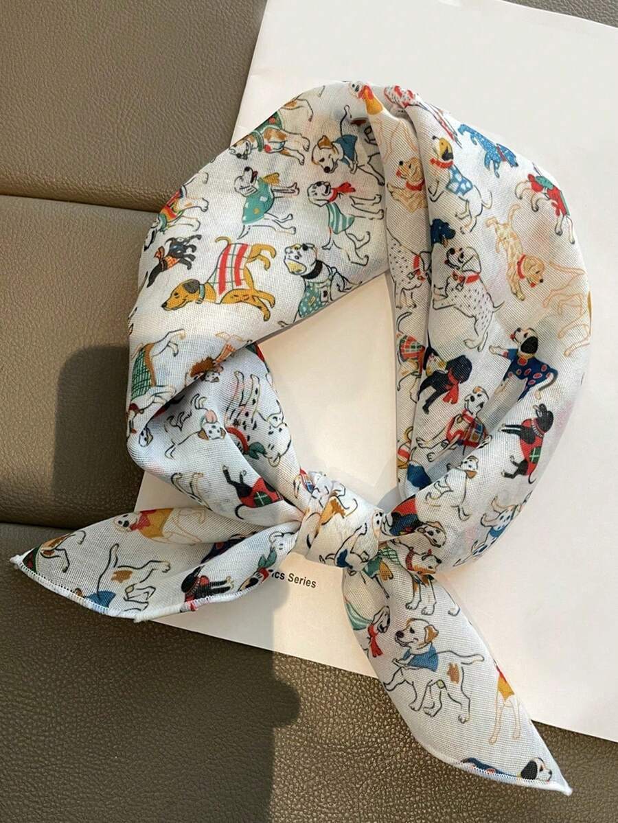 Cartoon Puppy Print Small Square Scarf, Versatile Fashion Neck Warmer Headband For Women - Beige - View 1