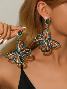 2 件复古镂空彩色蝴蝶耳环，镶嵌闪亮水钻，女士优雅蝴蝶吊坠耳环 - 玫紅色 - 查看 10